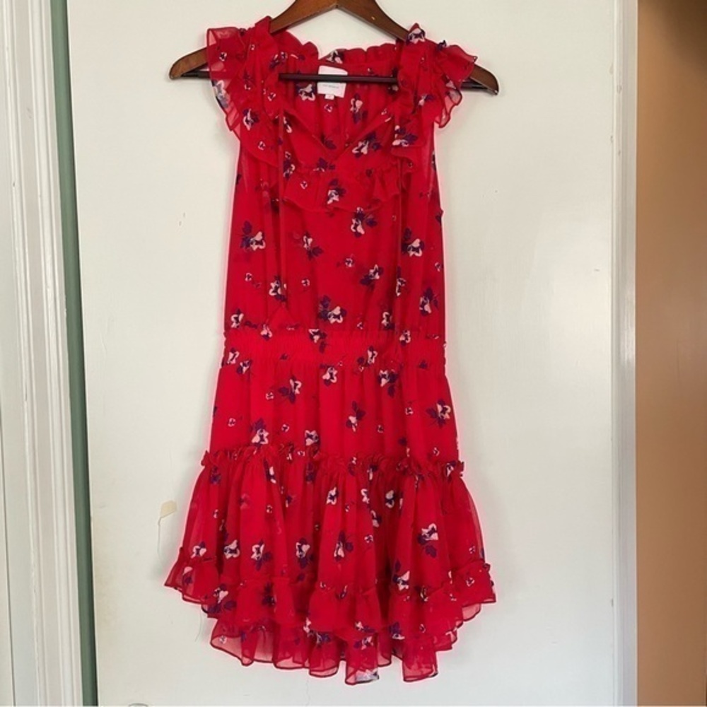 Misa Los Angeles Floral Ruffle Dress Size Small Red Cream Blue